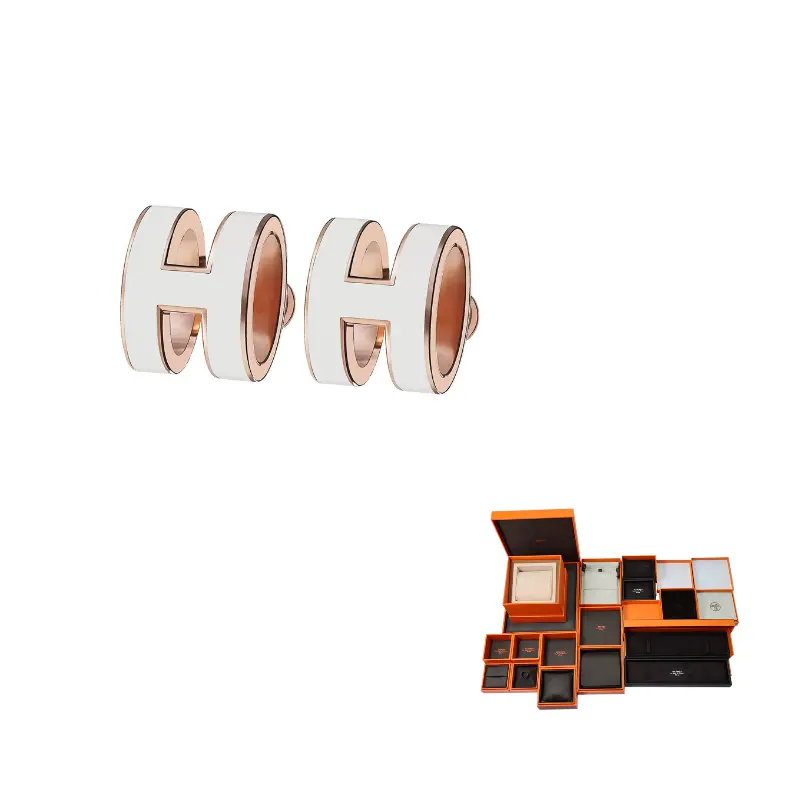 Серьги-гвоздики Rose Gold с лаковым покрытием HERMES, белый розовое золото