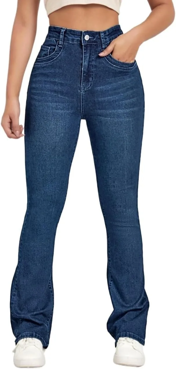 Generic Женские джинсы Classic Jean Flexra с высокой посадкой, потертости и отбеленный эффект, цвет washed denim blue
