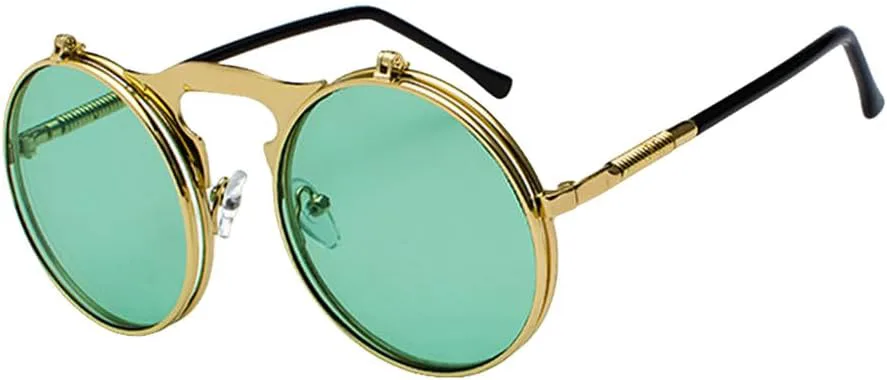 

Складные солнцезащитные очки в стиле стимпанк небольшого размера, круглые, с металлическим покрытием, мужские, с пружинными дужками HVTVTLA, Golden Clear Green