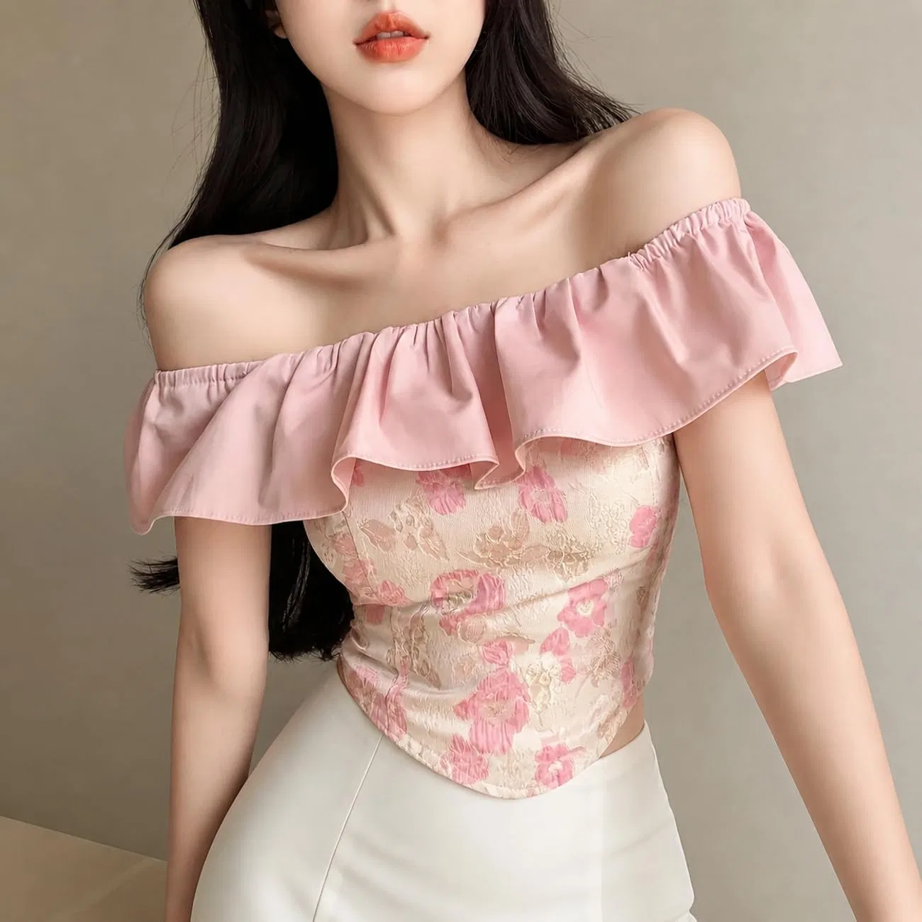 Блуза с цветочным принтом, off-shoulder, розовый — фото 2