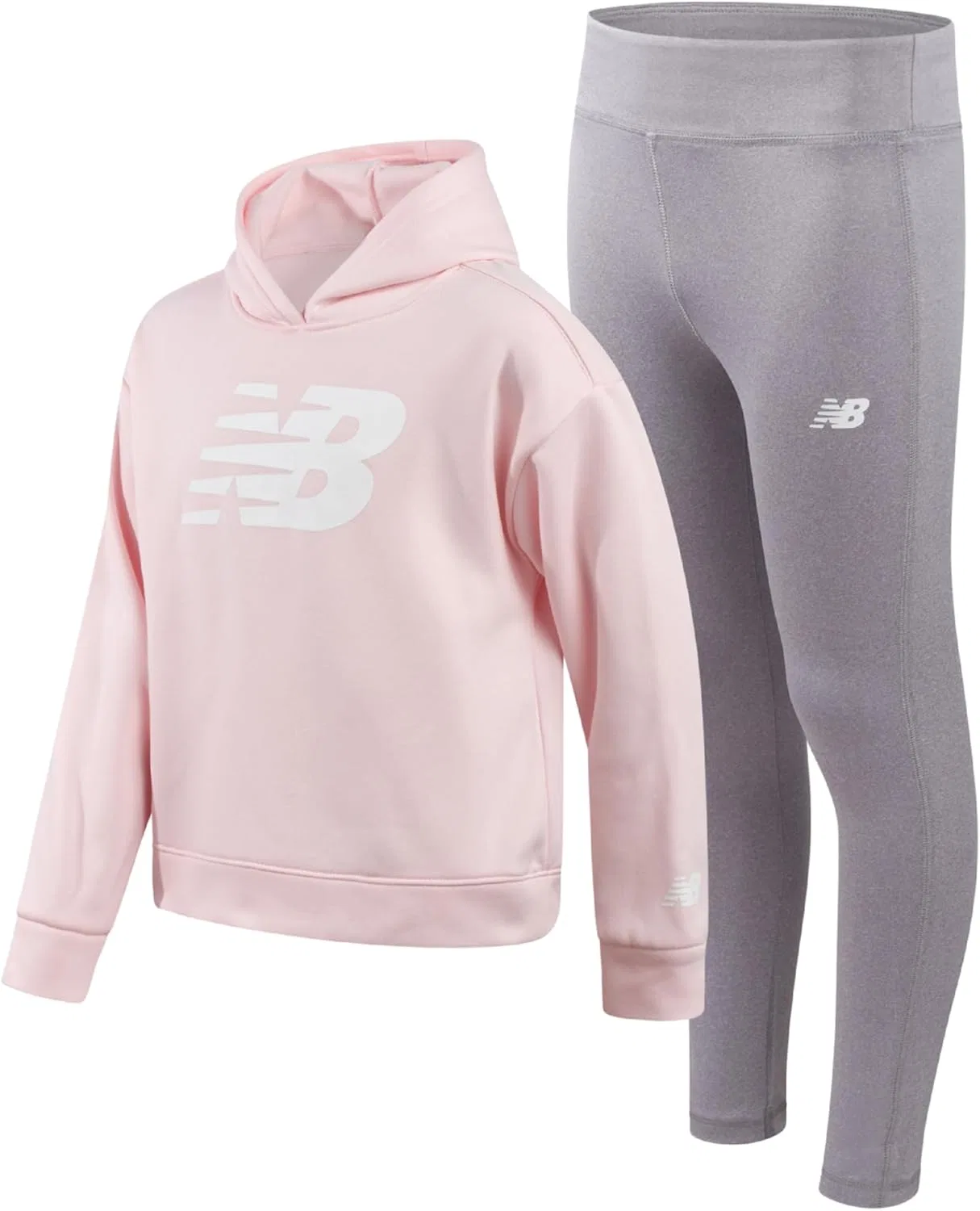 Комплект леггинсов New Balance для девочек - 2 предмета: пуловер, толстовка с капюшоном и спортивные леггинсы, детский спортивный костюм (7-12 лет), Rose Sugar Grey