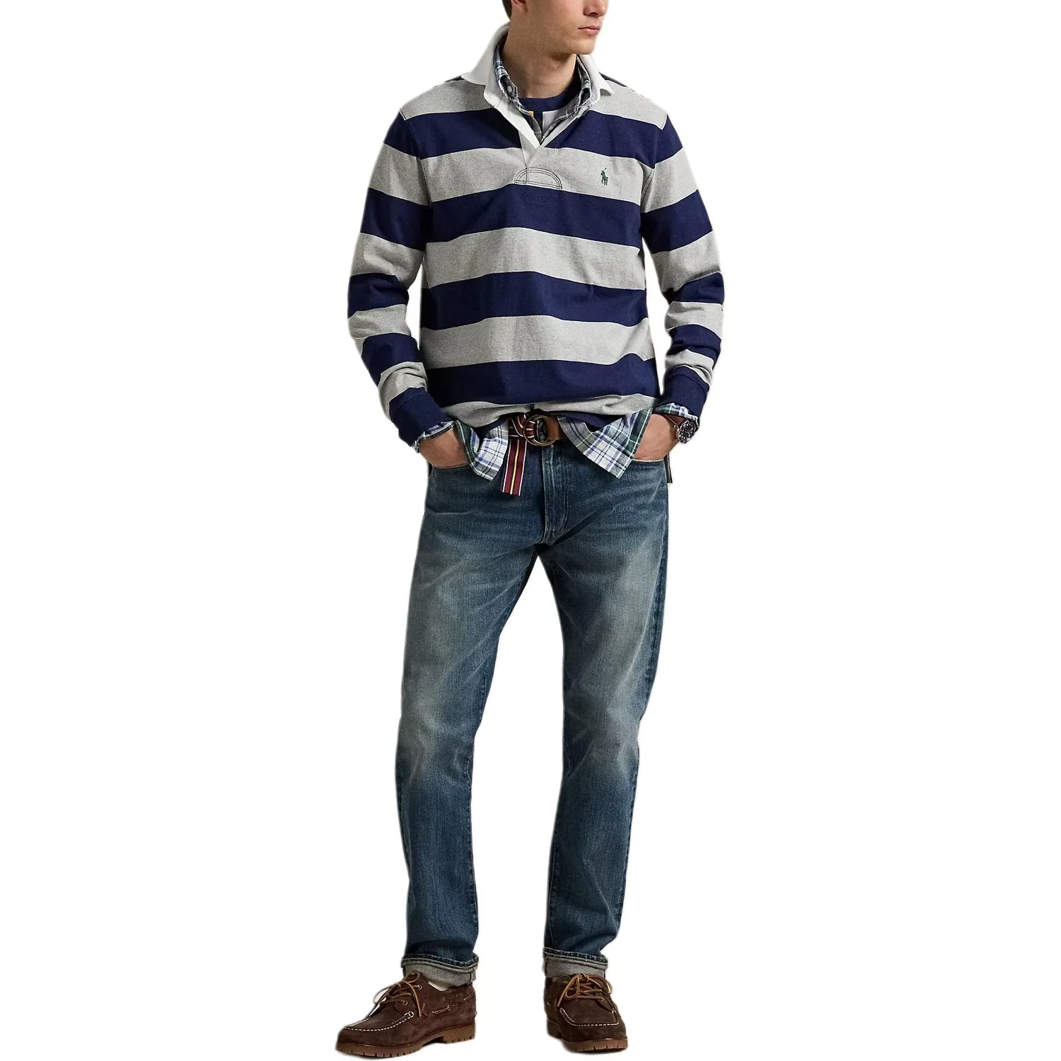 Поло с длинными рукавами в полоску в стиле регби Polo Ralph Lauren, Newport Marine Blue/Gray — фото 3