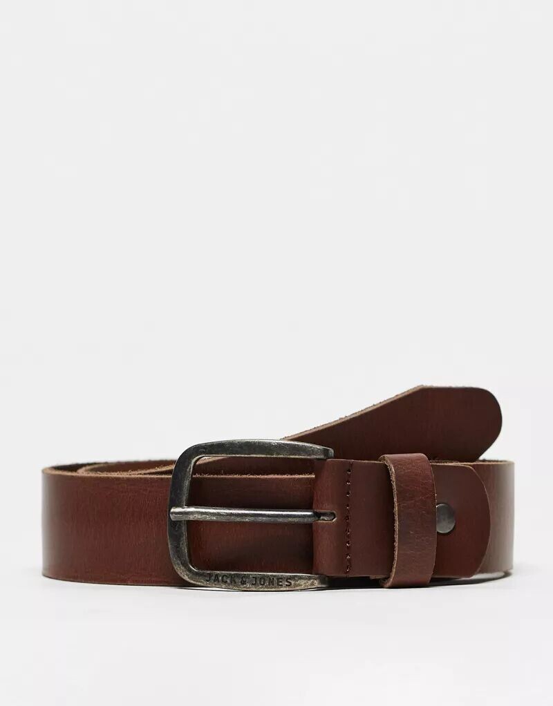 

Темно-коричневый ремень из гладкой кожи Jack & Jones с пряжкой с логотипом