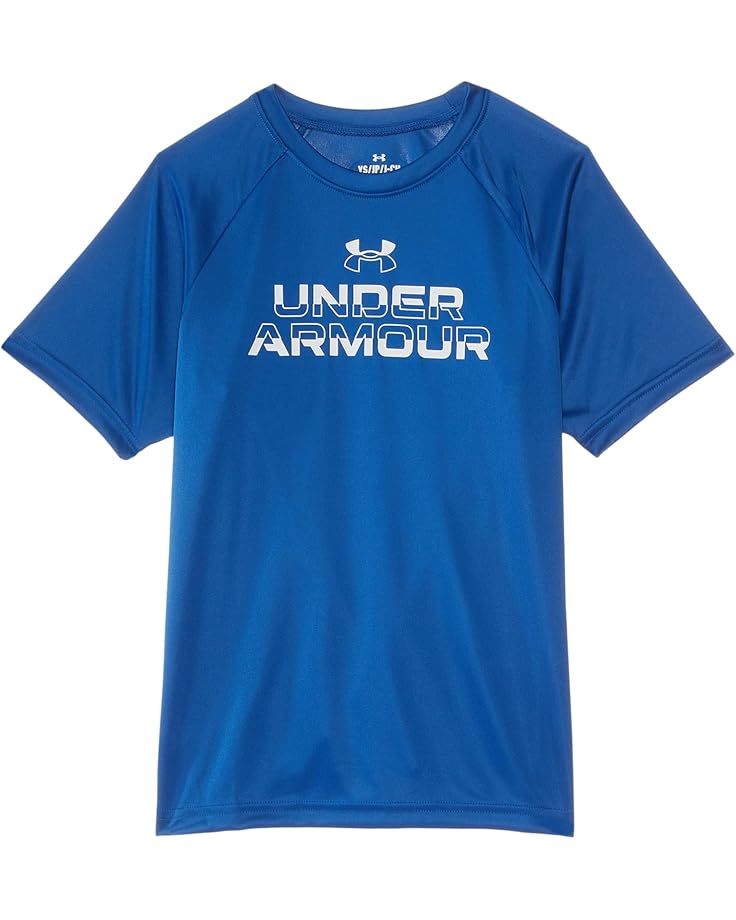 

Футболка Under Armour Kids Tech Split Wordmark Short Sleeve T-Shirt, цвет Tech Blue/White