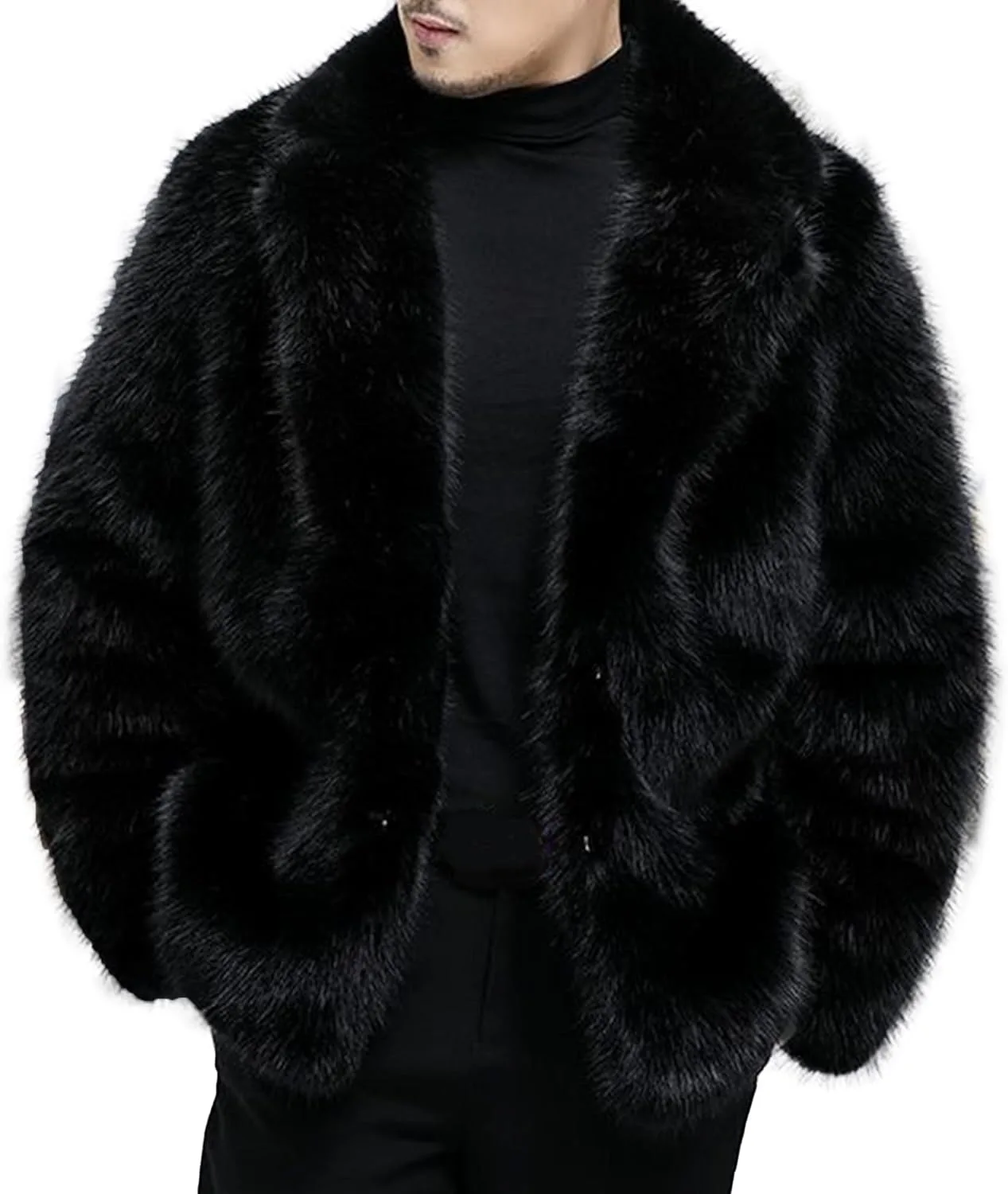 Куртка зимняя мужская Faux Fur, теплая пушистая шуба с молнией Generic, черный