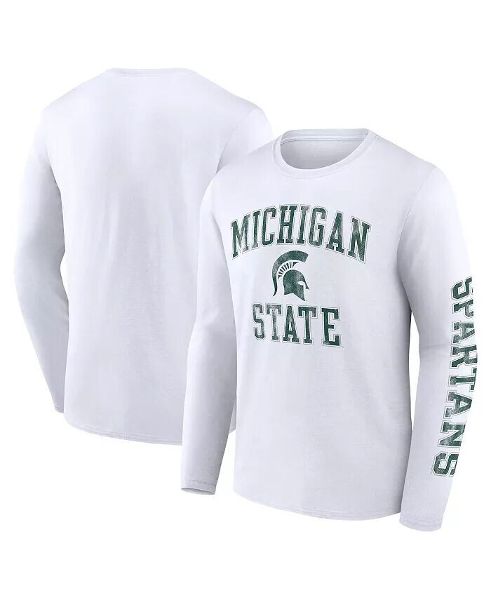 

Мужская белая футболка с длинным рукавом Michigan State Spartans с потертостями и логотипом Arch Over Fanatics