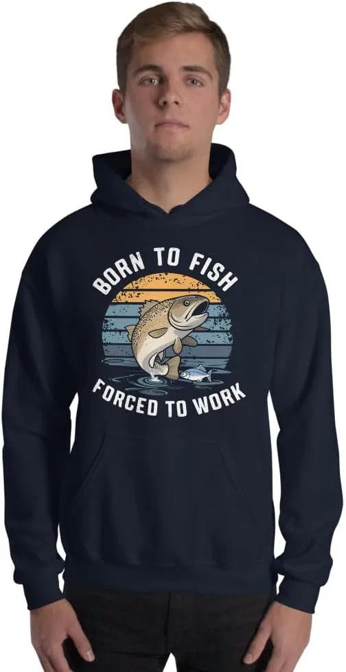 Толстовка унисекс с принтом "Born to Fish but Forced to Work", смешная ретро футболка про рыбалку Generic, темно-синий