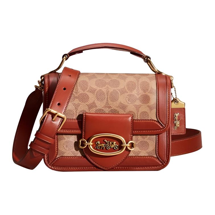 

Coach Женская маленькая сумочка Hero из искусственной кожи с кожаным верхом, коричнево-красного цвета с монограммой
