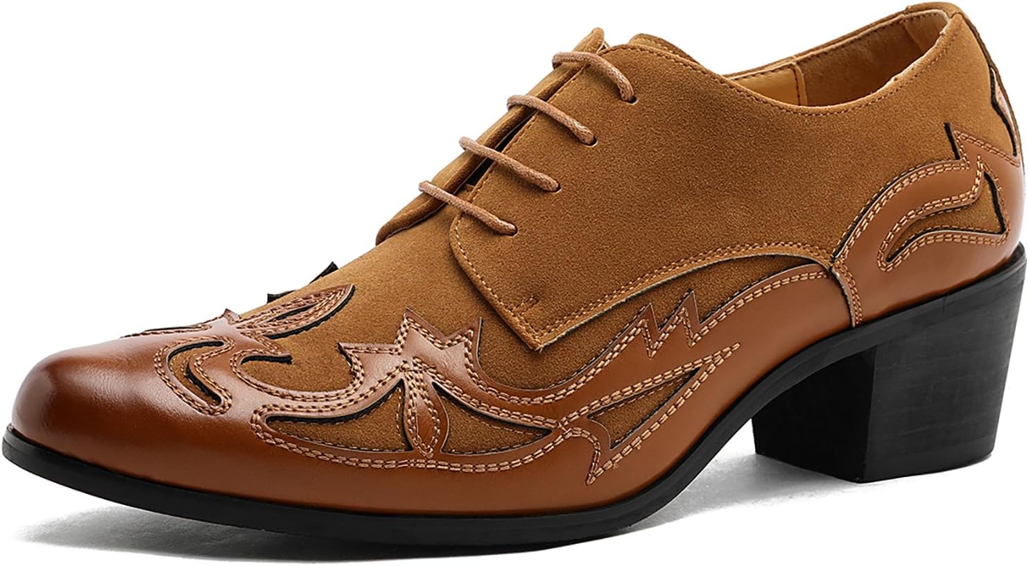 

Мужские ретро-оксфорды с вышивкой, массивным каблуком, модные, с шнуровкой, заостренным носком, с кожаными вставками, на блочном каблуке, противоскользящие, для делового и повседневного ношения Twodnawk, коричневый