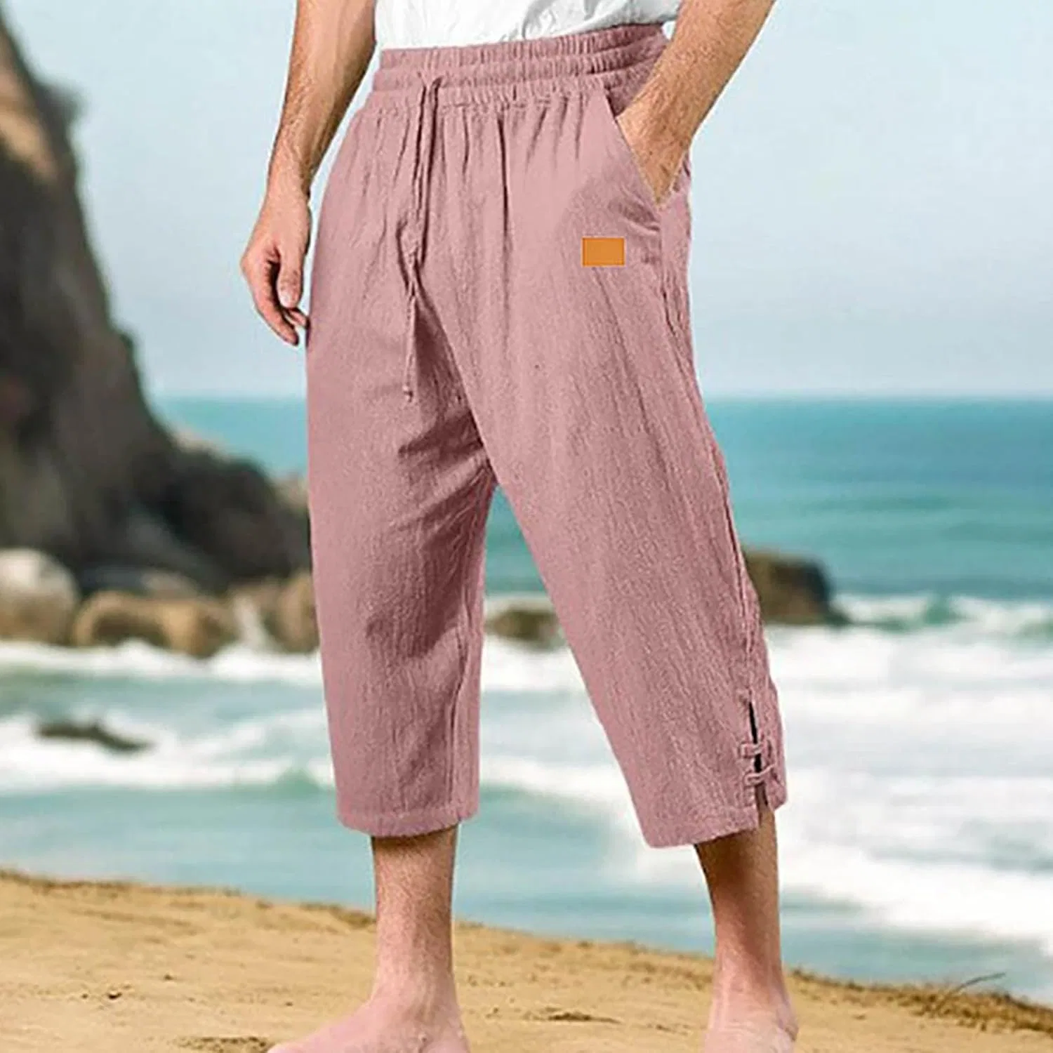 Капри мужские из хлопка и льна, легкие, на резинке, Pink — фото 2