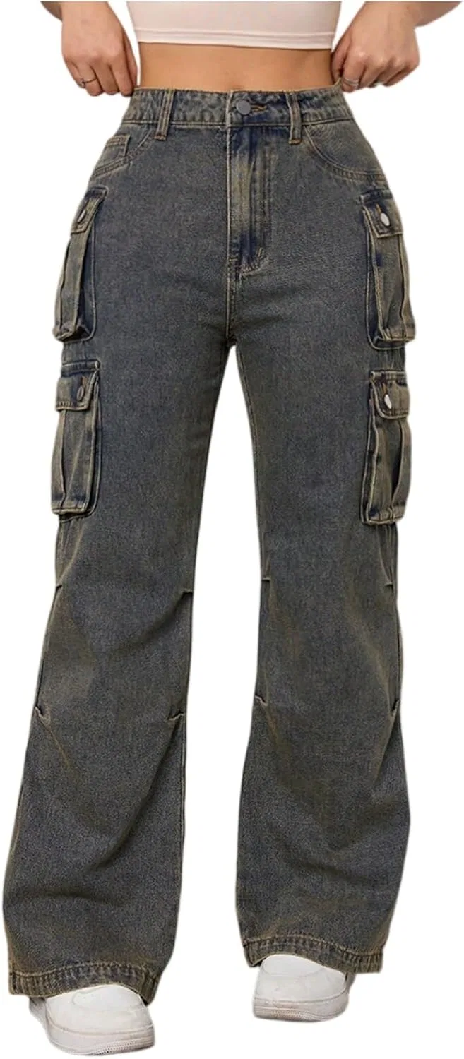 Джинсы карго с множеством карманов, высокие, мешковатые, Wide Leg, серый