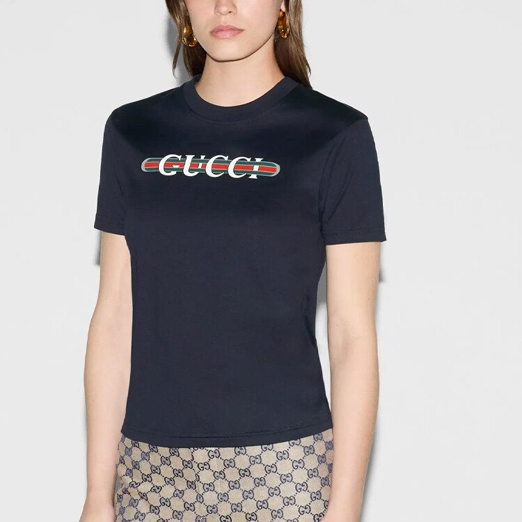 Футболка женская Gucci, классический крой, темно-синий / белый — фото 4