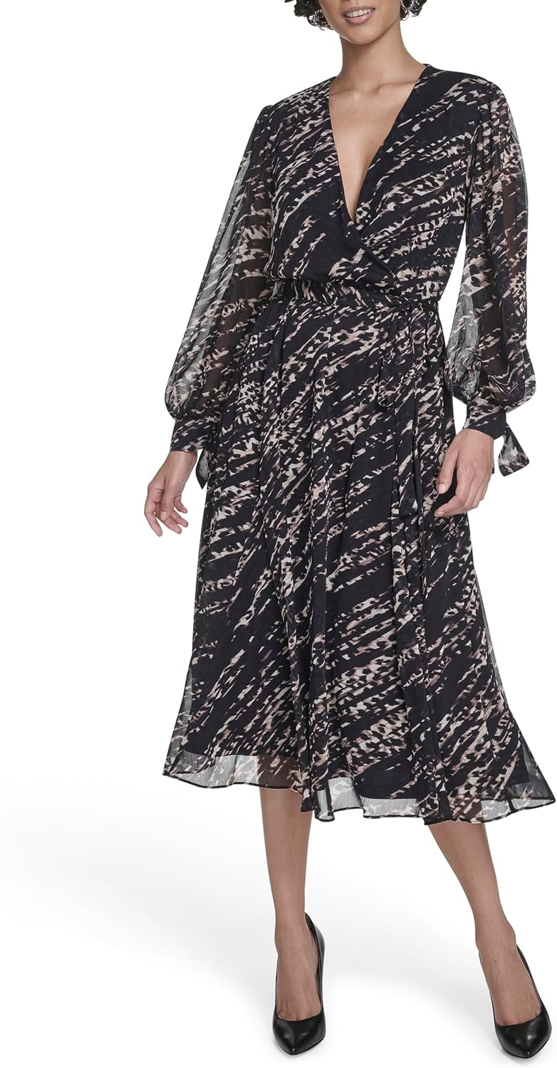 

Женское шифоновое платье миди Calvin Klein с длинным рукавом и V-образным вырезом на завязках, Black Multi