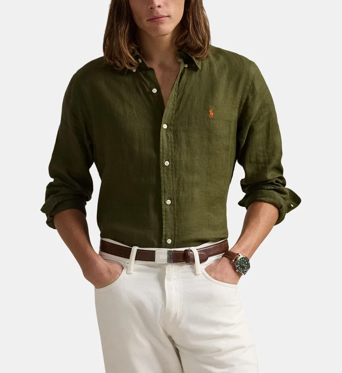 Рубашка из льна с индивидуальной посадкой POLO RALPH LAUREN, хаки