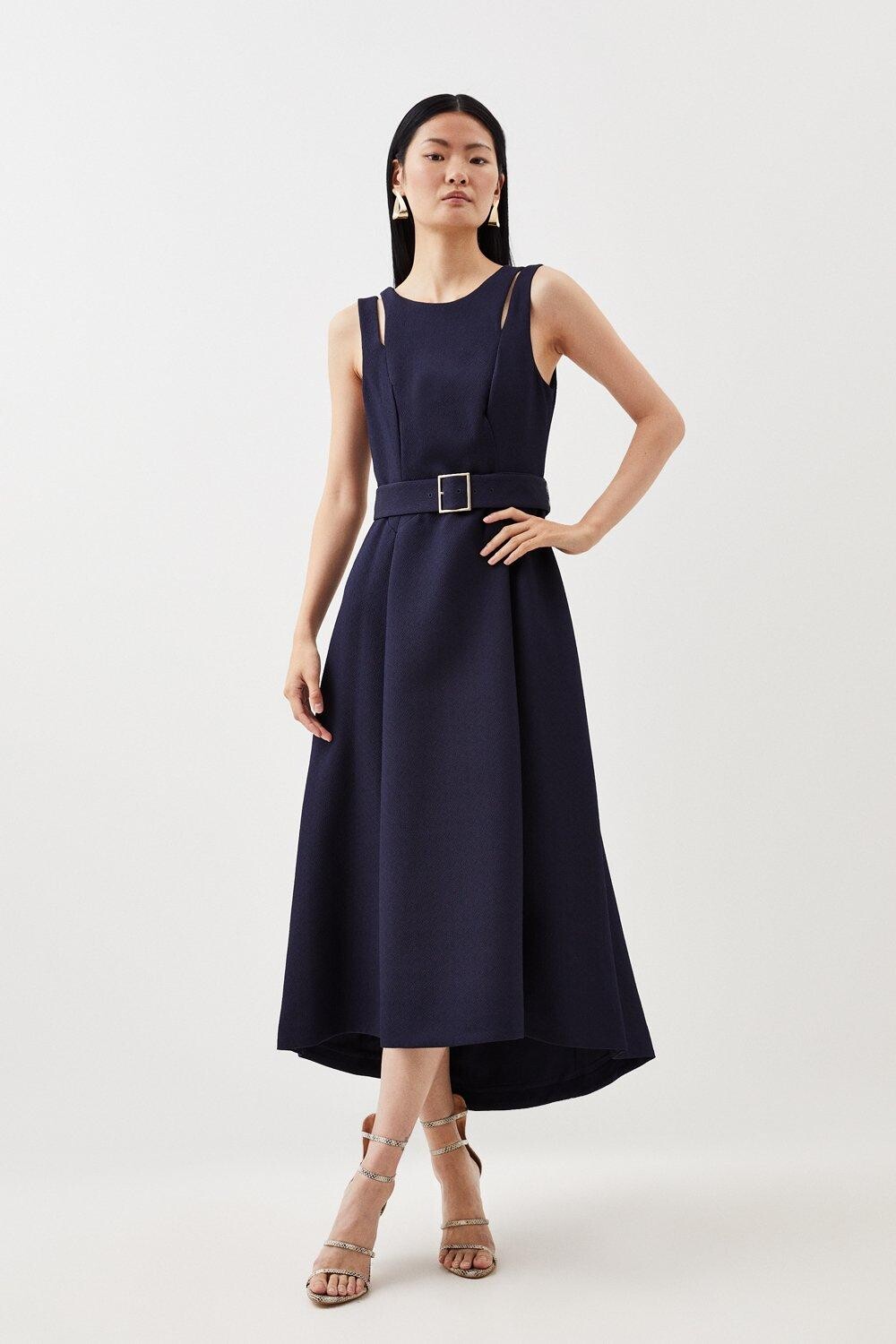 

Платье мидакси из фактурного крепа со швами и поясом Karen Millen, темно-синий