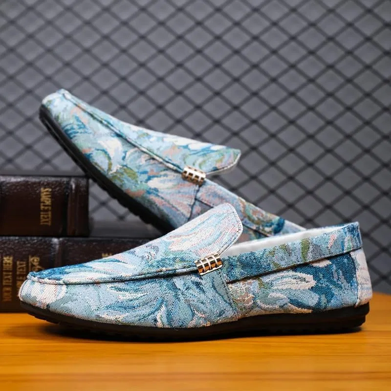 Лоферы кожаные с цветочным узором, Mens Loafers Round Toe PU Leather Floral Loafer Shoes, синий PUGHGAETZF — фото 3
