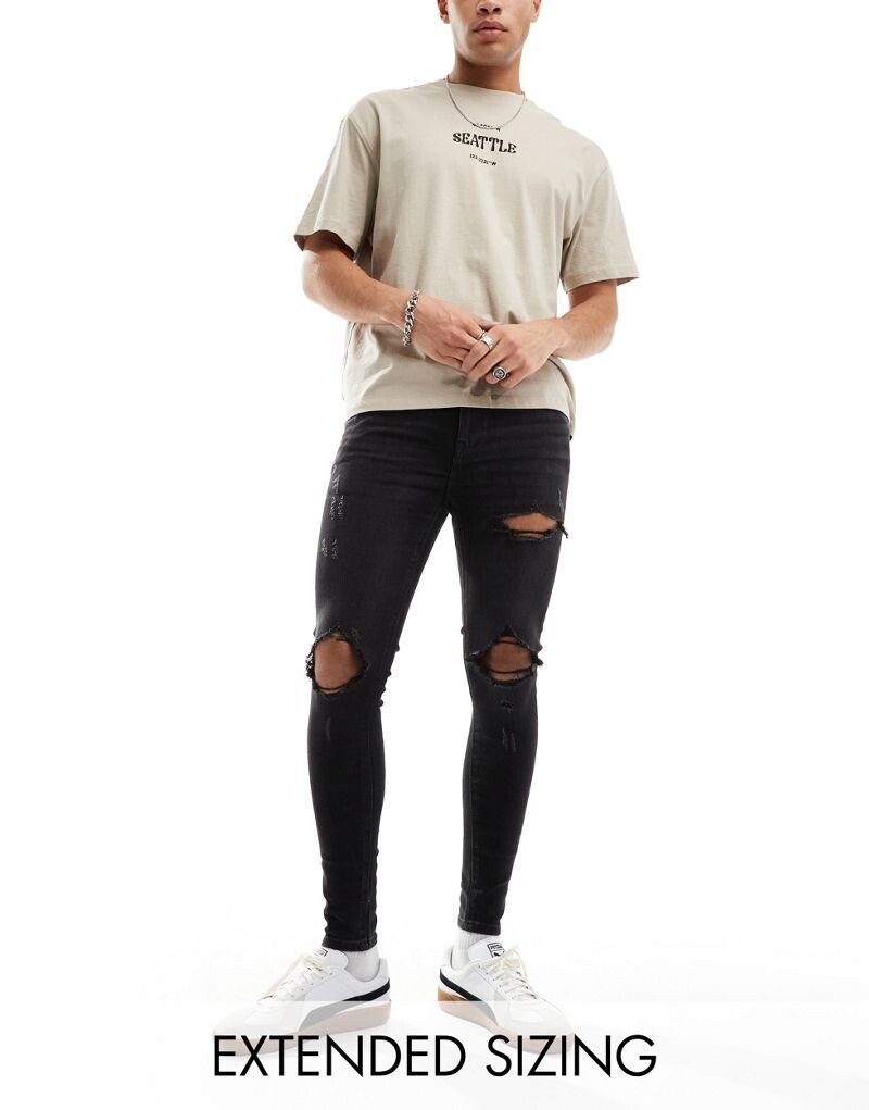

ASOS DESIGN – черные суперскинни эластичные джинсы с рваными коленями