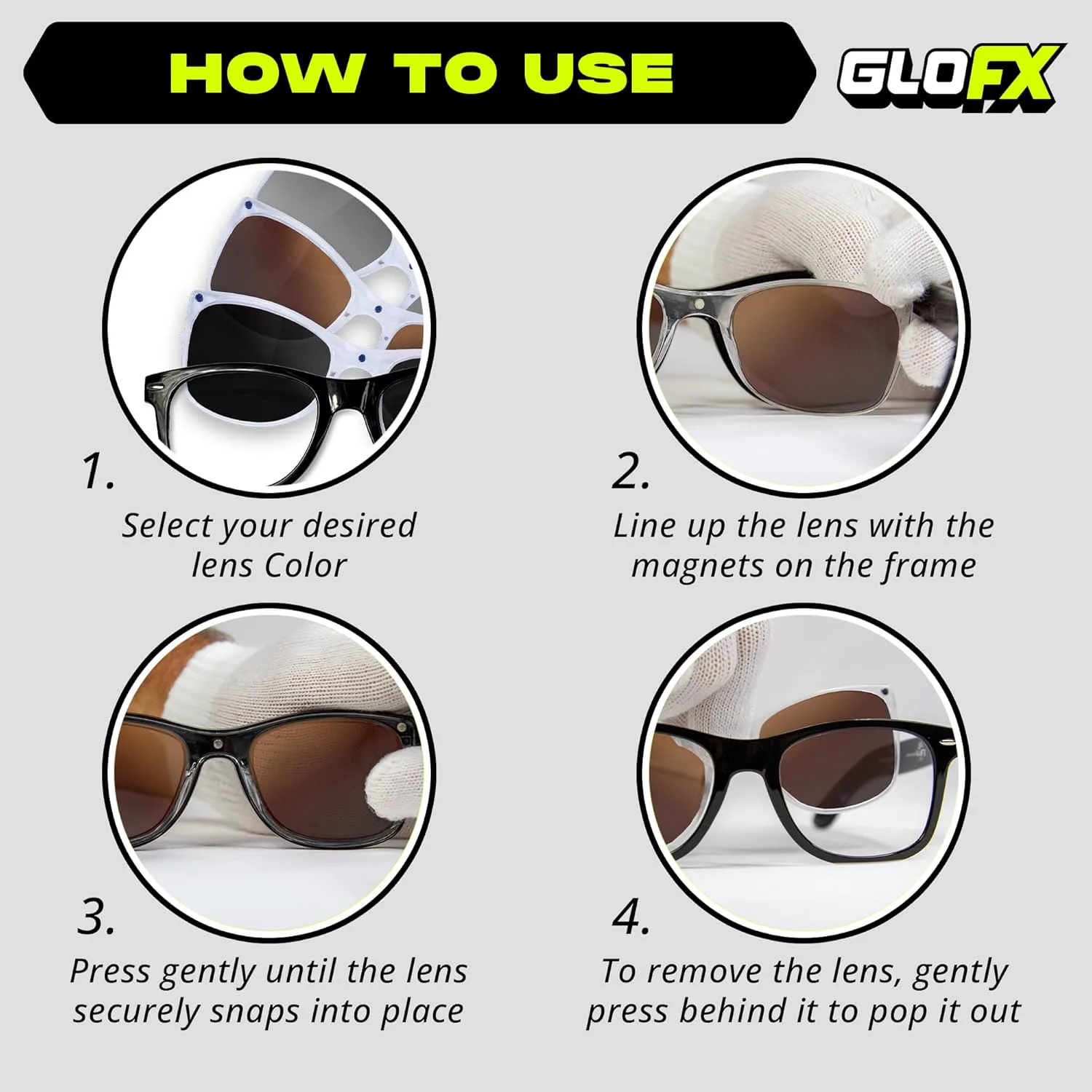 

GloFX Snaps: Магнитные солнцезащитные очки – Сменные линзы для защиты от света, вождения и повседневного использования – 100% защита от УФ-излучения, Neutral Set