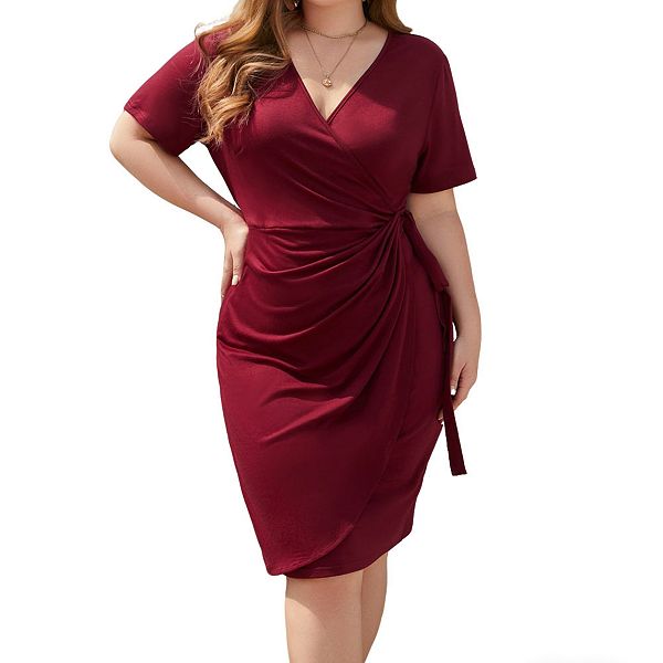

Женское платье плюс сайз с v-образным вырезом, коротким рукавом и запахом Clearflower, Wine Red