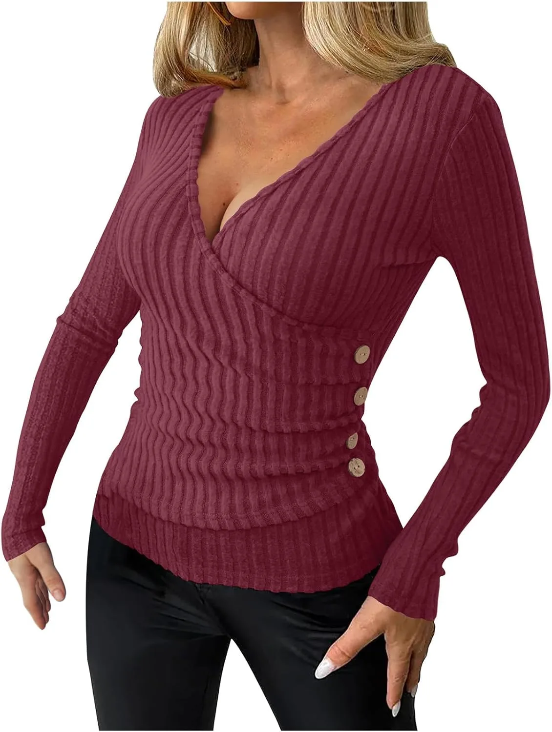 

Женская футболка с V-образным вырезом и длинными рукавами, облегающая модель