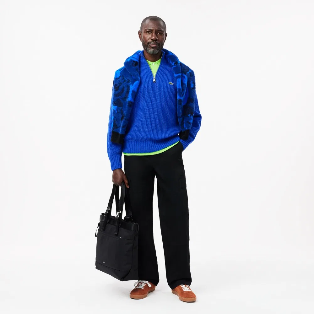 Мужской пуловер на молнии в рубчик из шерсти синий от Lacoste — фото 4