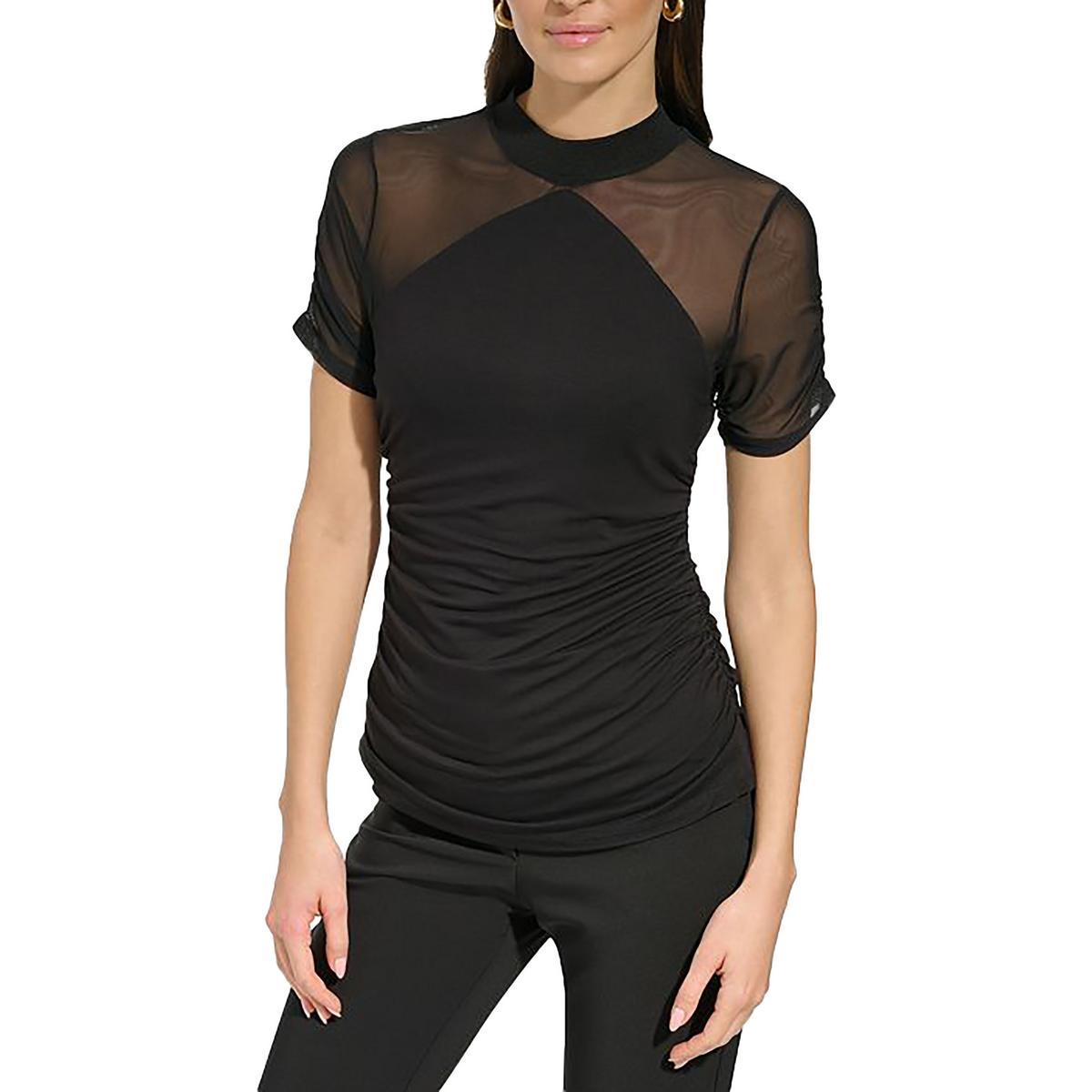 

Женский сетчатый рукав круглый вырез пуловер топ DKNY, черный