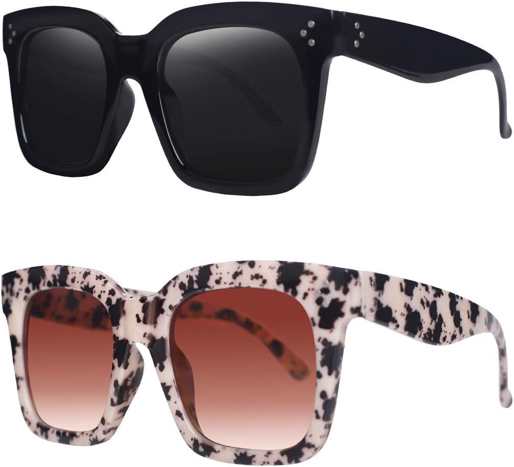 

Винтажные женские солнцезащитные очки большого размера, дизайнерские, роскошные, квадратной формы, защита от УФ-излучения UV400, плоские линзы TAOTAOQI, (2 Pack) Black Frame Grey Lens+snow Leopard Frame Gradient Brown Lens