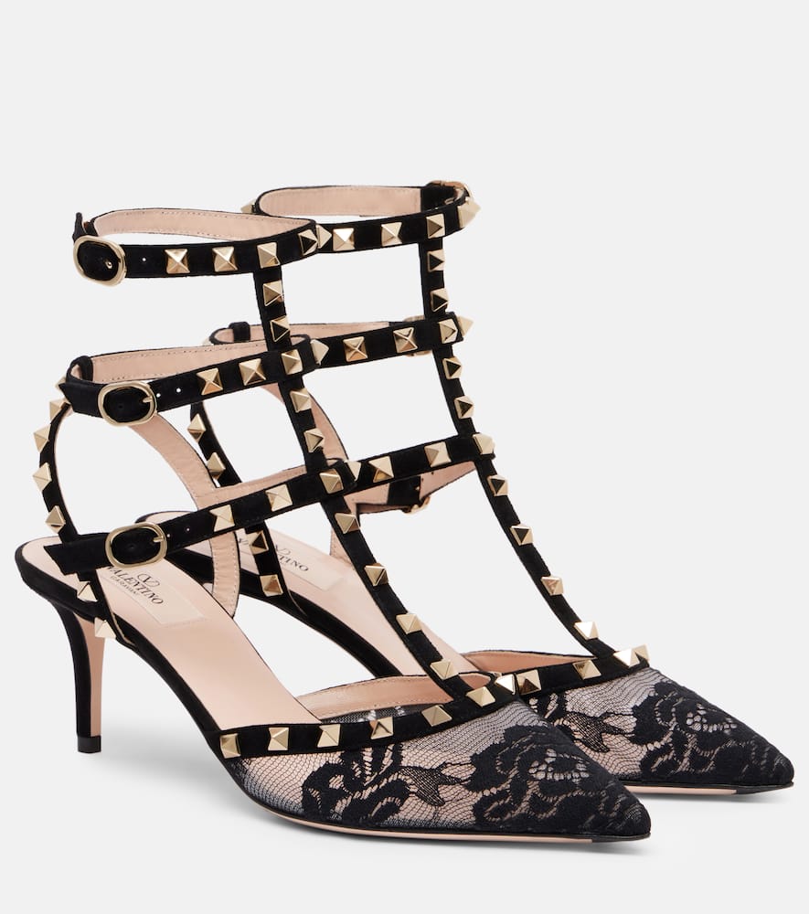 Туфли-лодочки Rockstud из замши с кружевными вставками Valentino Garavani, Nero