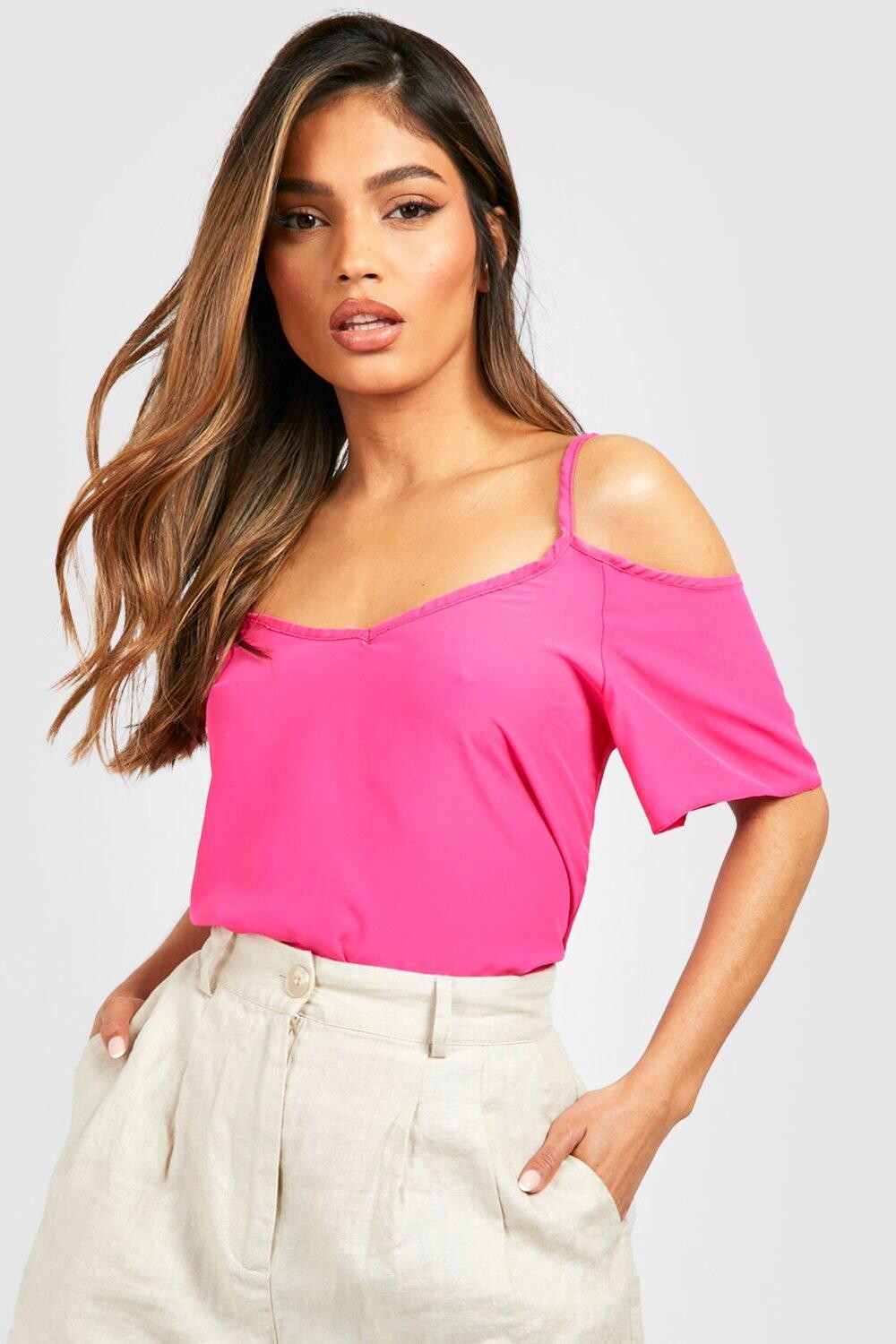 

Топ с открытыми плечами из тканой ремешки Boohoo, розовый