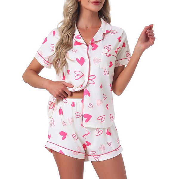 

Женский пижамный комплект с короткими рукавами, милый принт, мягкий и удобный, топ на пуговицах и шорты, 2 предмета Inspire Chic, Pink