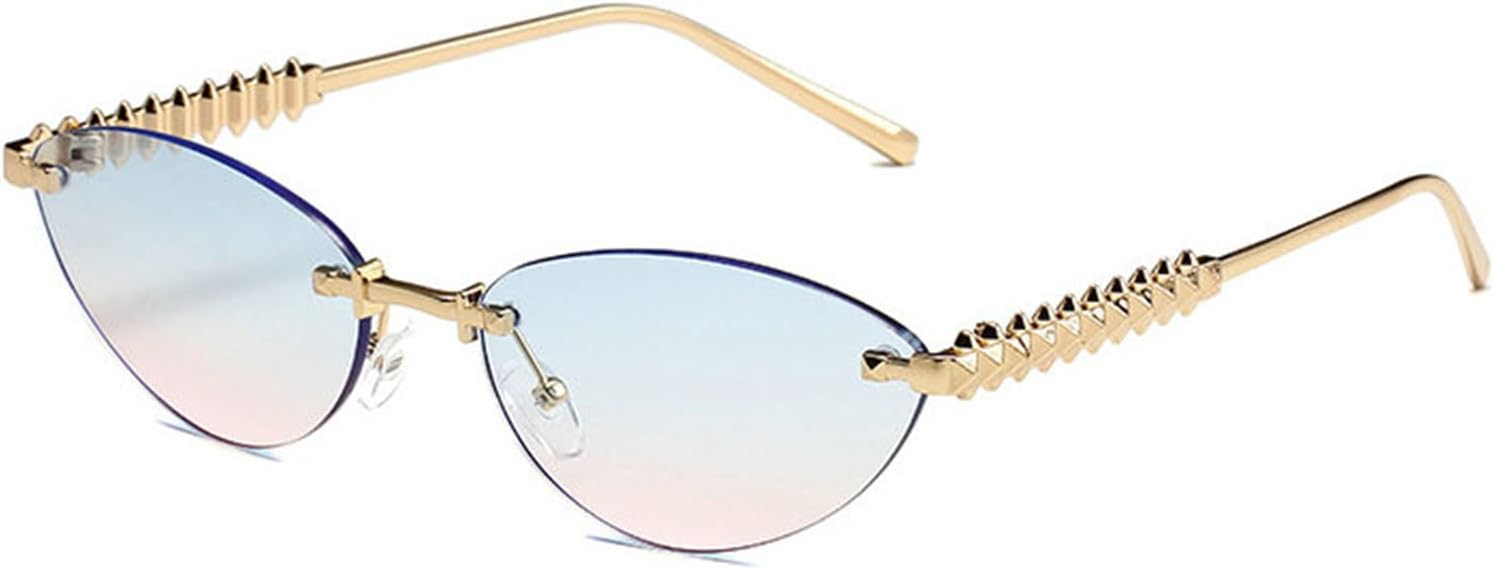 

willochra Модные безободковые металлические солнцезащитные очки «кошачий глаз» в винтажном стиле, маленькие овальные, для активного отдыха, с защитой от УФ-излучения UV400, для женщин и мужчин, Blue Pink