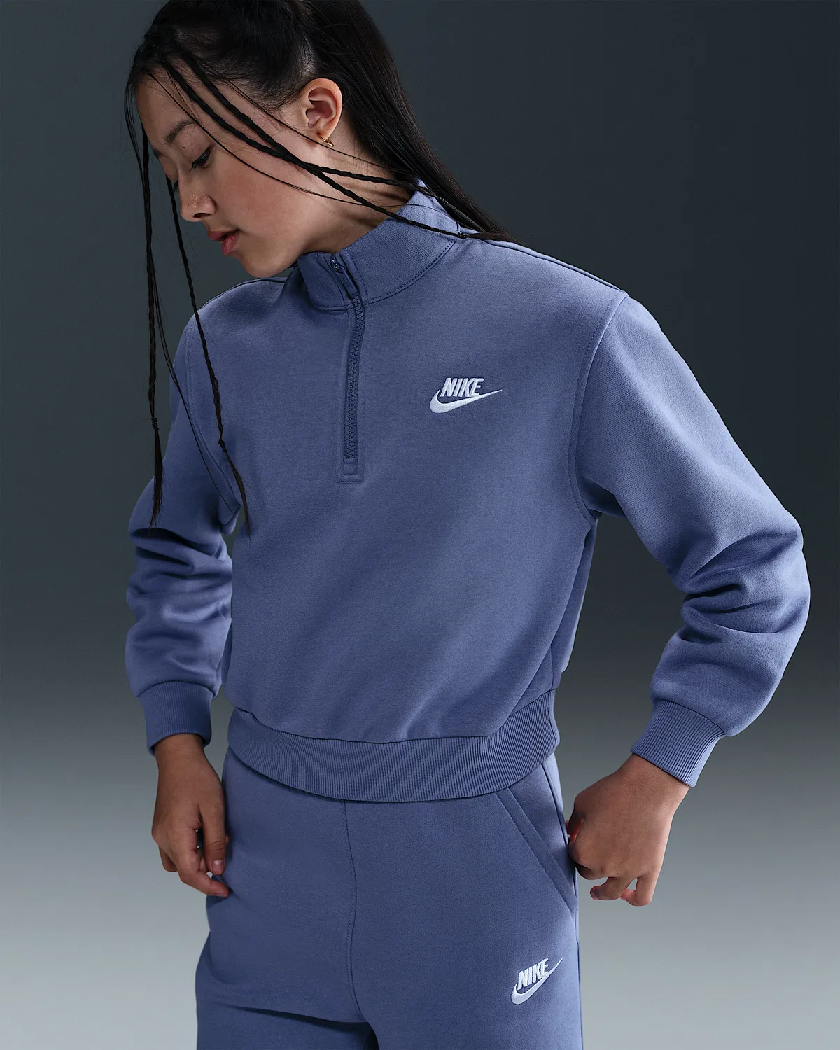 Детская (девочки) длинная футболка Nike Sportswear Club Fleece с полузастежкой-молнией, World Indigo/White