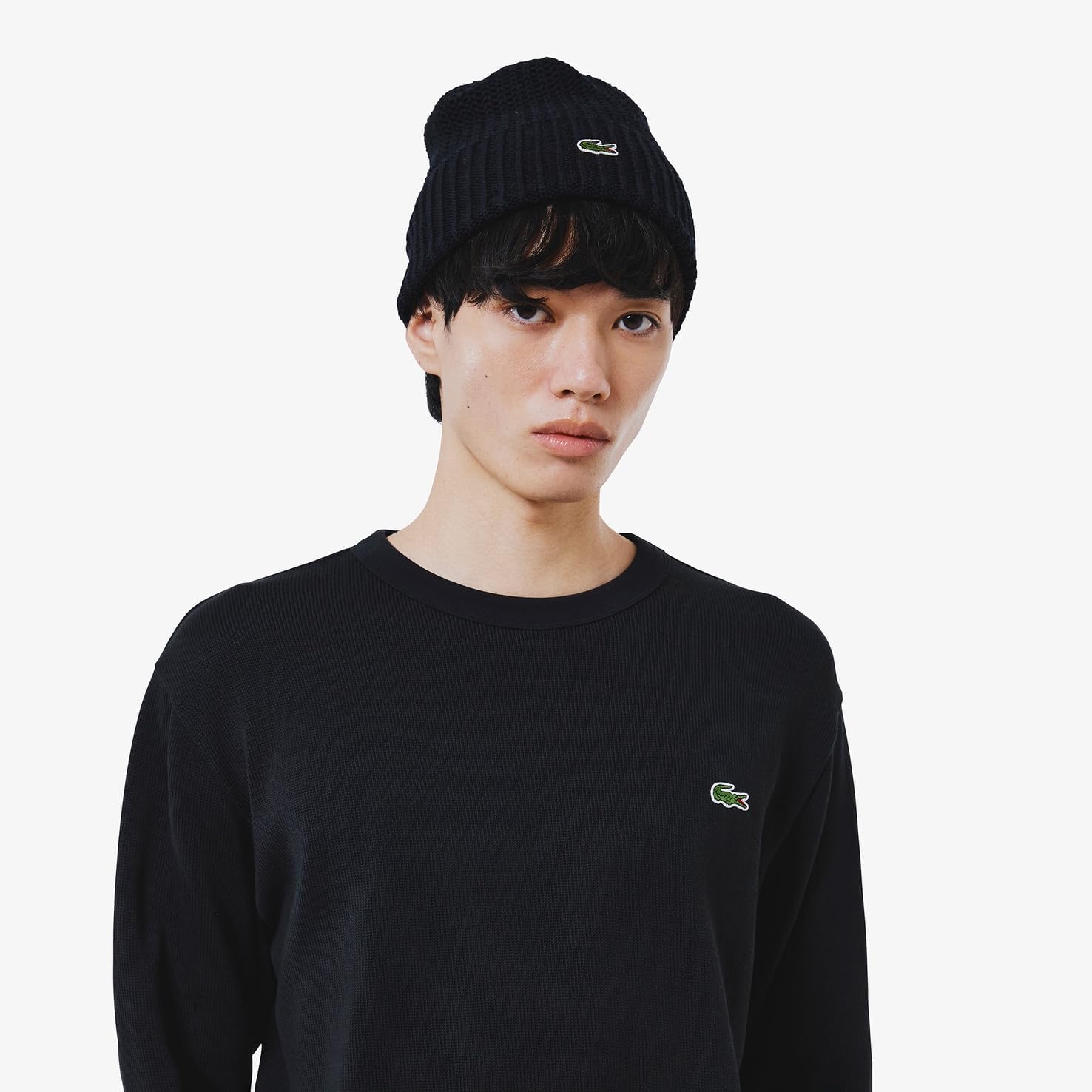 Мужская футболка Lacoste (официальная) из плотного трикотажа с длинным рукавом, черный — фото 3