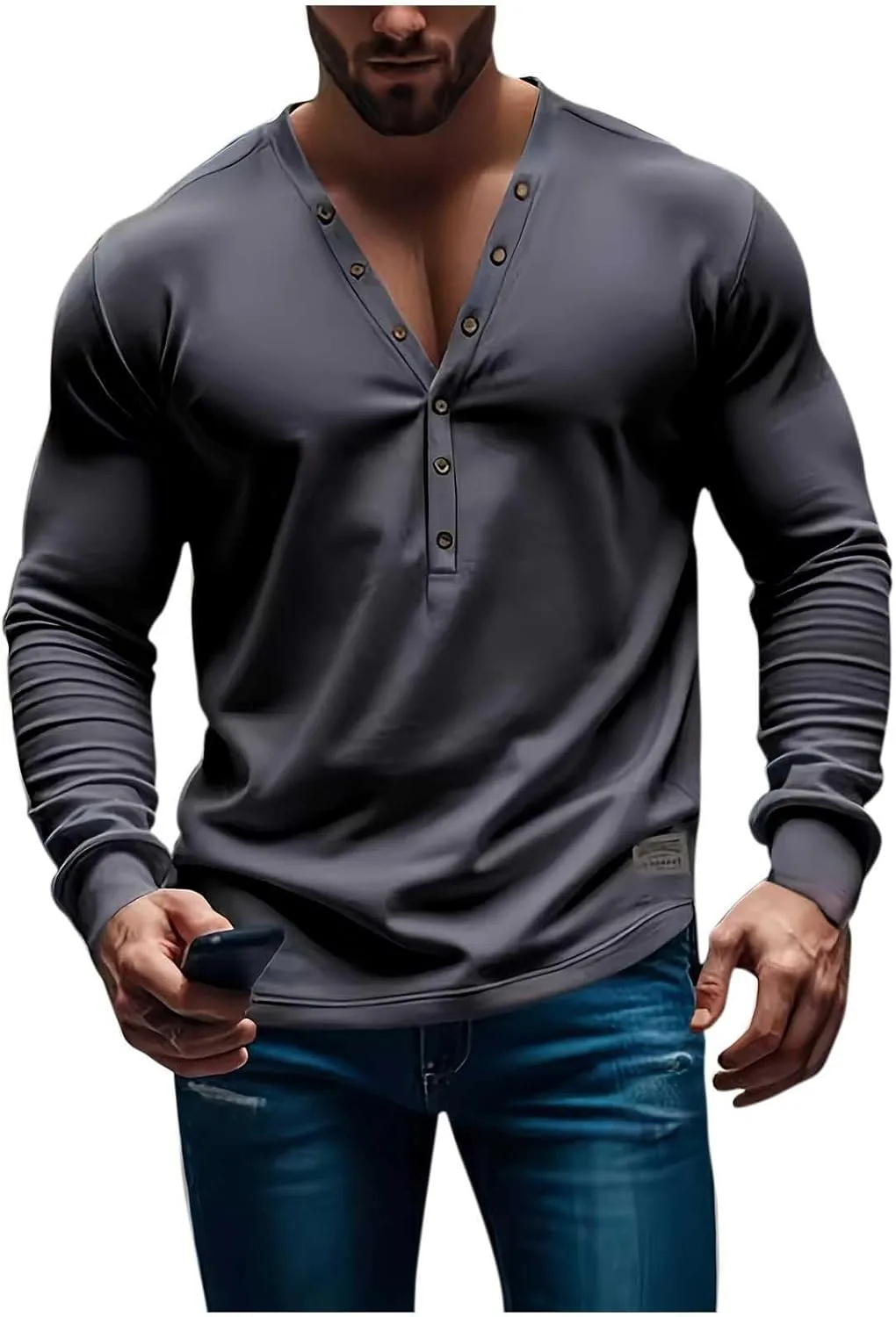 

Мужская футболка V-образным вырезом Fitness Henley, свободная с длинными рукавами Cambkatl