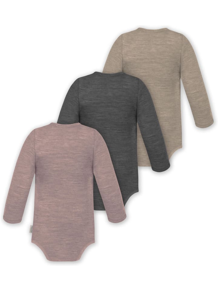 Normani Outdoor Sports Комплект из 3 детских боди из мериносовой шерсти с длинными рукавами, цвет Окленд, бежевый/антрацитовый/розовый — фото 2