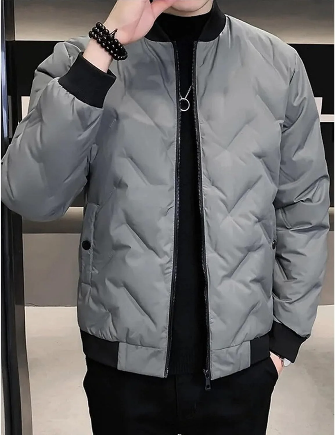 Мужская бомбер повседневная пуховая куртка Military Full Zip ветрозащитная пуховая куртка стеганая на подкладке зимняя ветровка Generic, серый — фото 4