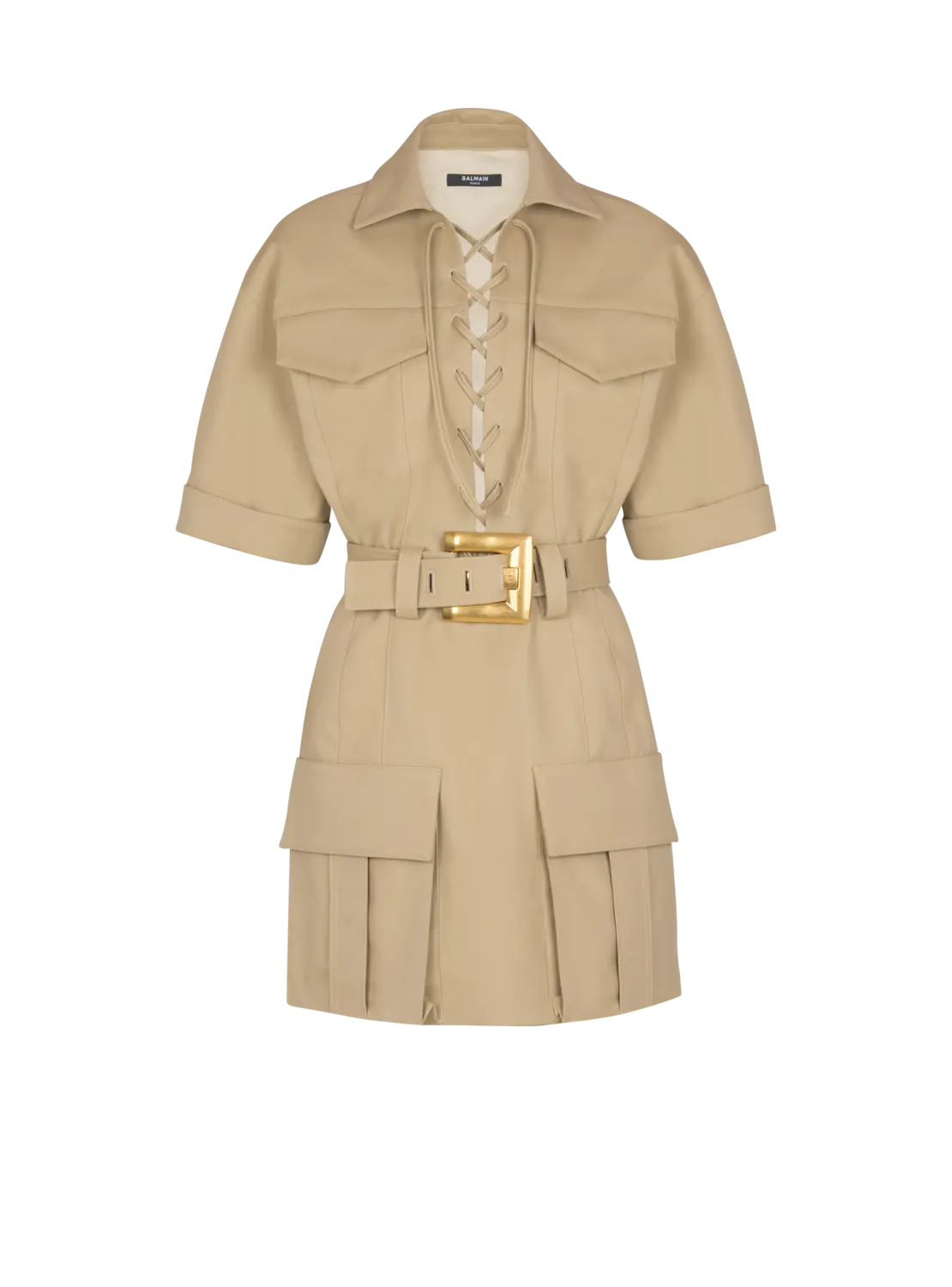 

Короткое хлопковое платье из габардина на шнуровке Balmain, бежевый