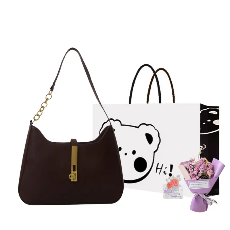 

NX DOUGHNUT Женская наплечная сумка через плечо, Brown+Exclusive Shopping Bag+Greeting Card+Dried Flower