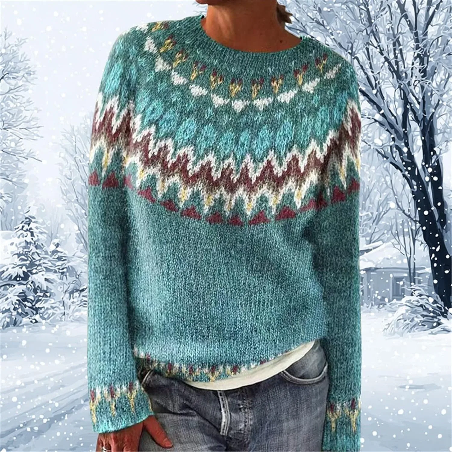 Женский свитер в стиле Fair Isle с круглым вырезом, вязаный, свободного кроя, уютный, комфортный, в винтажном стиле, теплый пуловер для осени и зимы — фото 2