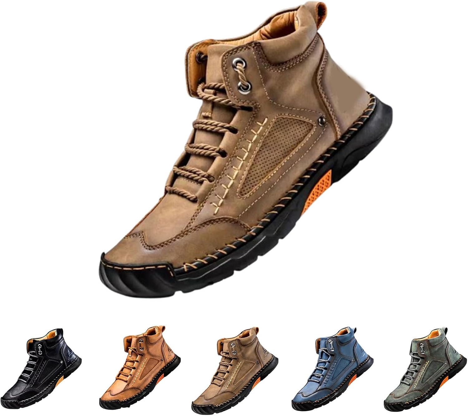 

Мужские кожаные ботинки ручной работы - водонепроницаемые походные ботинки с противоскользящей подошвой, поддерживающей стелькой и широкой передней частью Generic, хаки