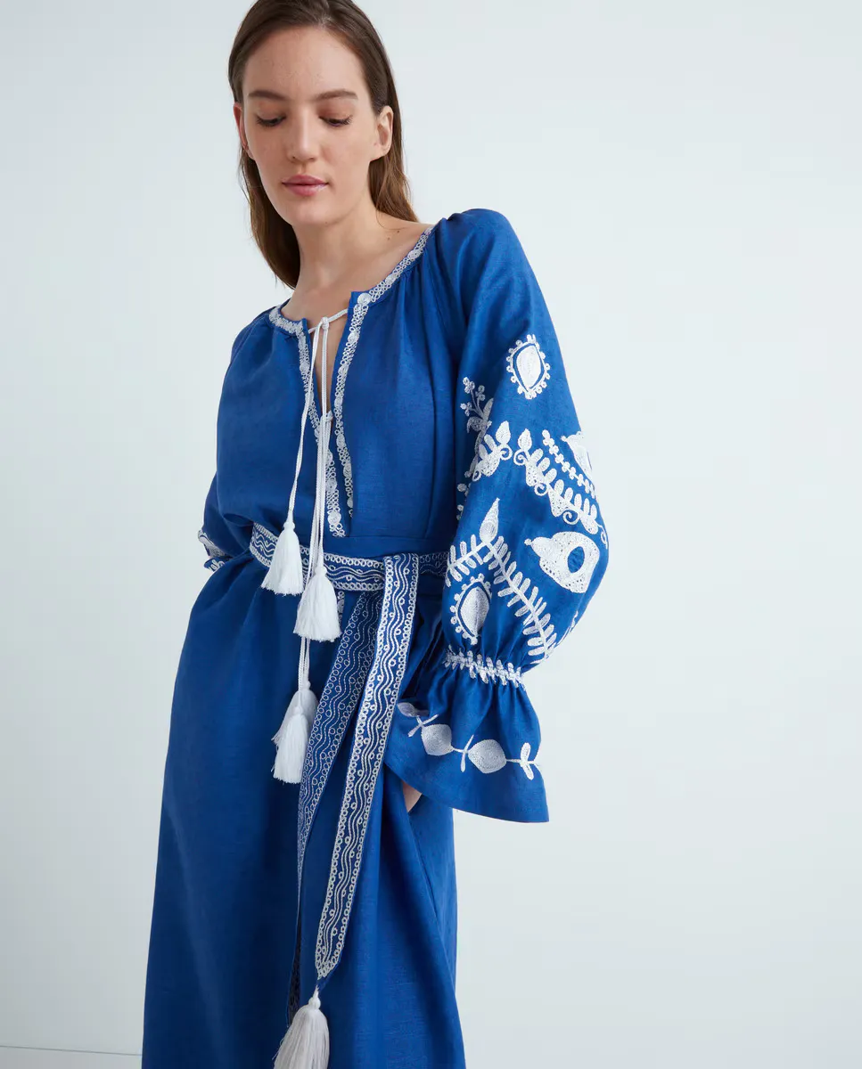 

Льняной кафтан с вышивкой Caftan by Mo, синий