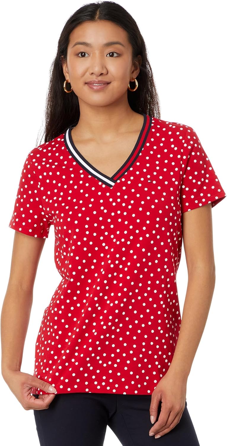 

Женские топы с коротким рукавом Tommy Hilfiger - хлопковые рубашки для женщин с V-образным вырезом и логотипом, Scarlet Multi