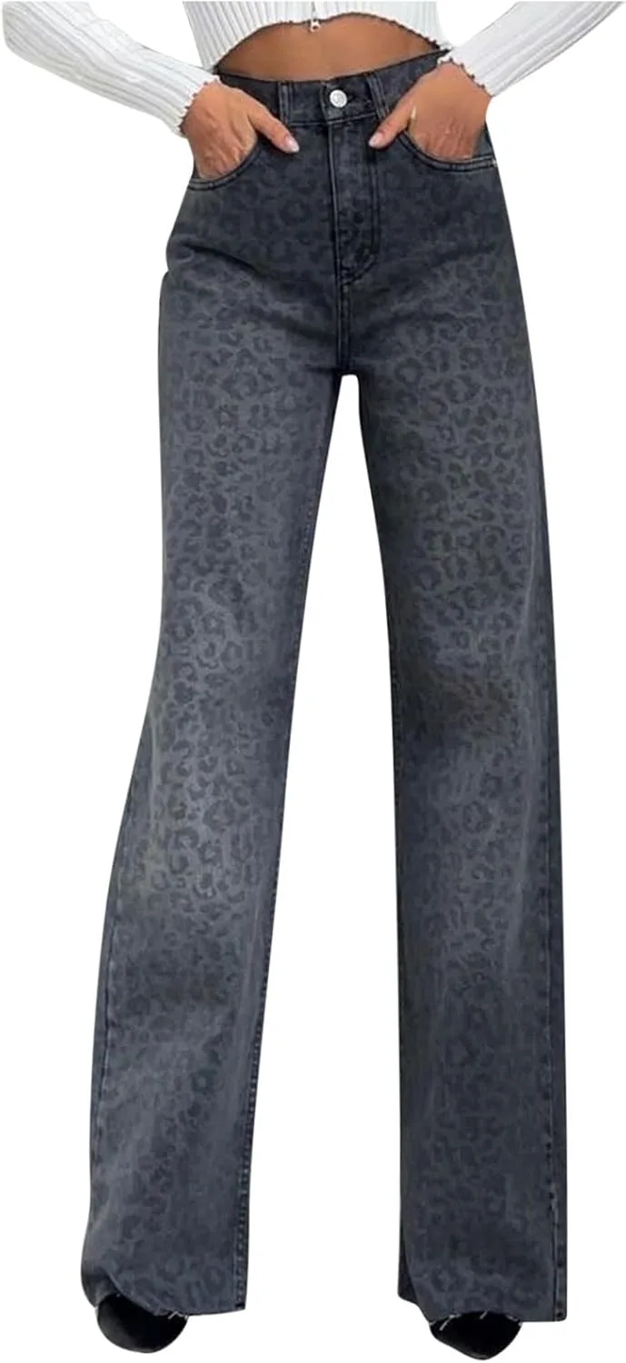 

Джинсы Leopard Print Y2k для женщин: мешковатые прямые с карманами JOAU