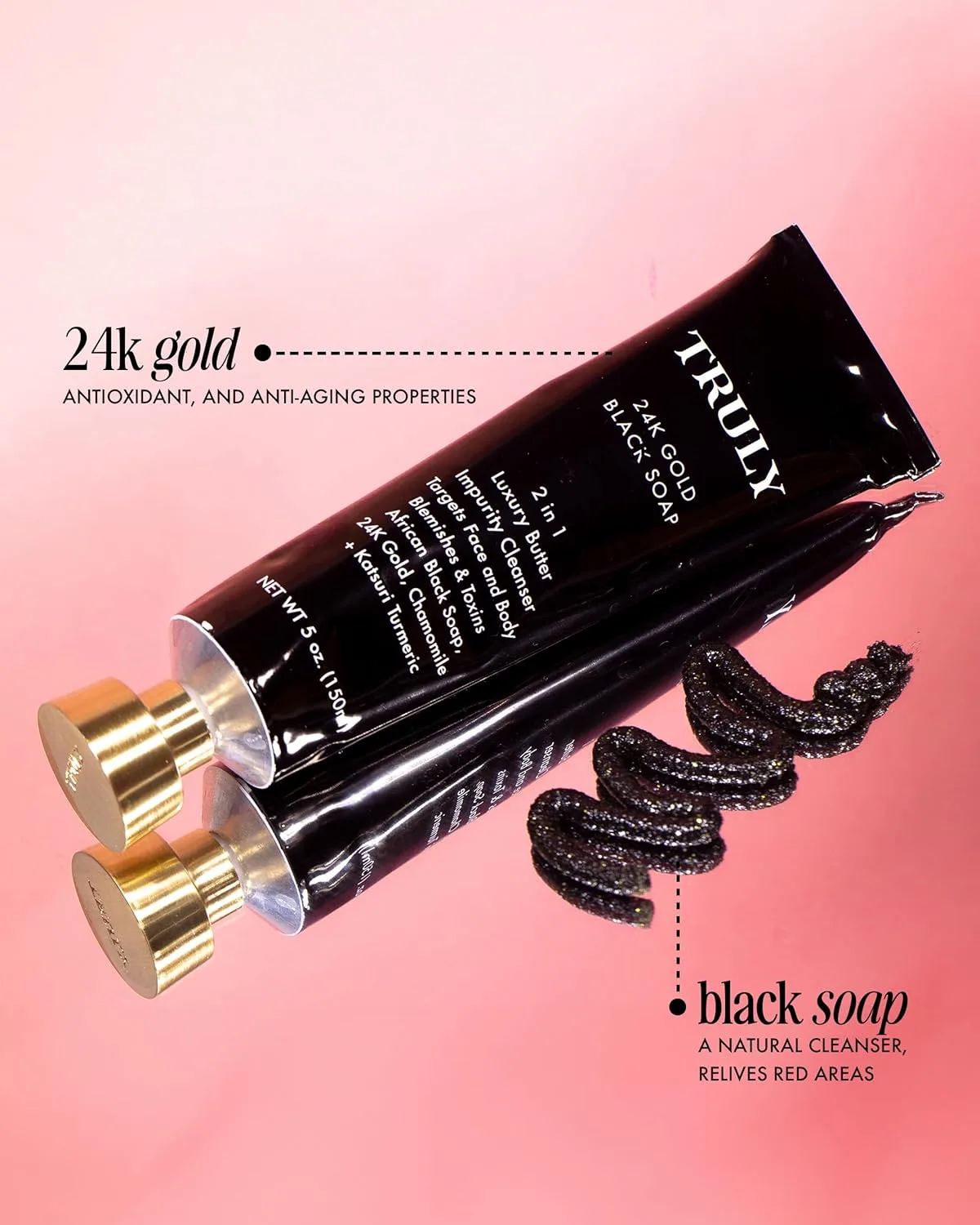 Черное африканское мыло Truly Beauty с 24-каратным золотом для лица и тела с ромашкой и куркумой - от прыщей, гиперпигментации и признаков старения - 140 г, black — фото 2