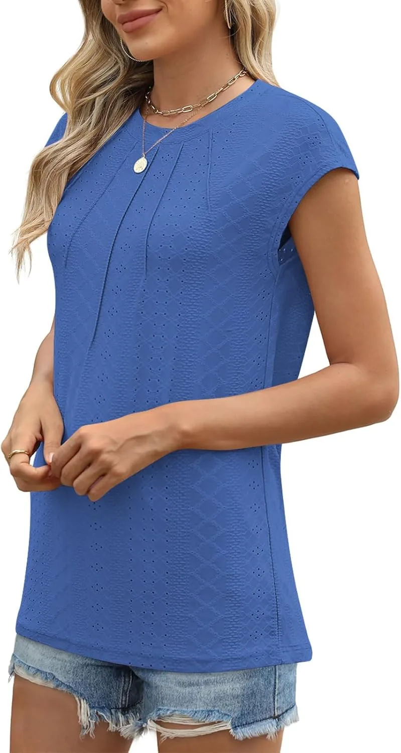 Женские топы, рубашки с коротким рукавом, классические футболки с вырезами и вышивкой, нарядные блузки с коротким рукавом и сборками, летняя одежда Generic, синий — фото 2