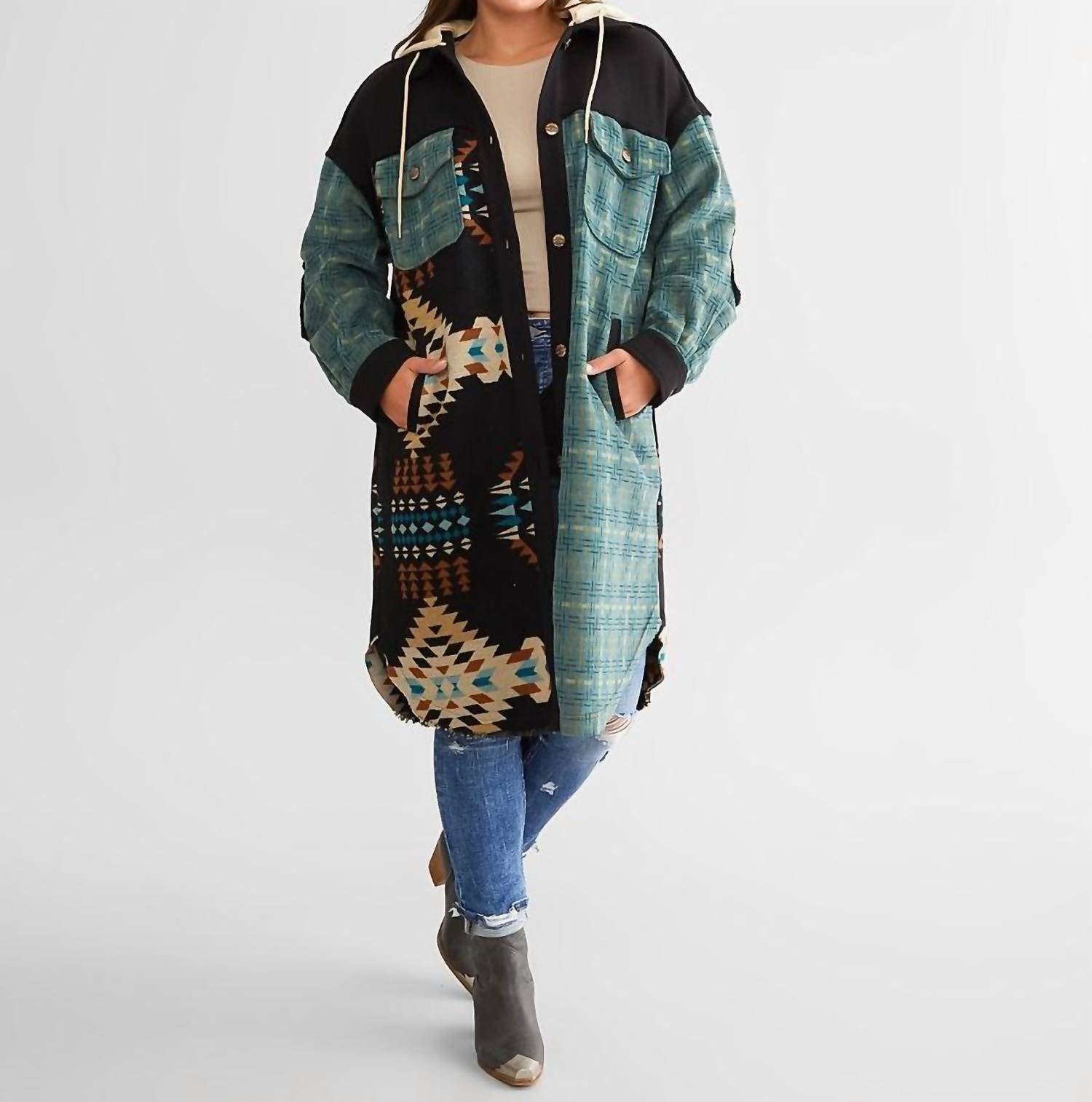 

Куртка свободного кроя Aztec с капюшоном цвета Jade Green Miss Me