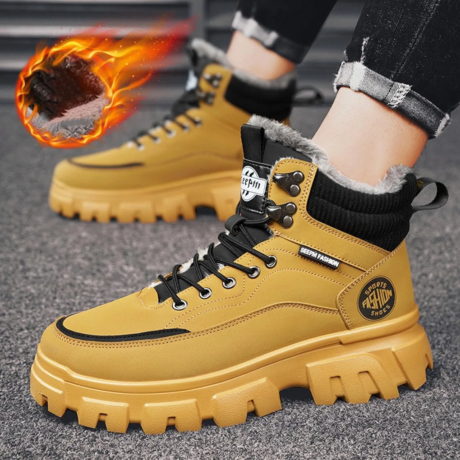 Ботинки Winter Wanderschuhe Damen Herren, Herren Winterstiefel einfarbigem Fleece mit Schnürung, warme Schneestiefel, lässiger Komfort Generic, Gelb — фото 3