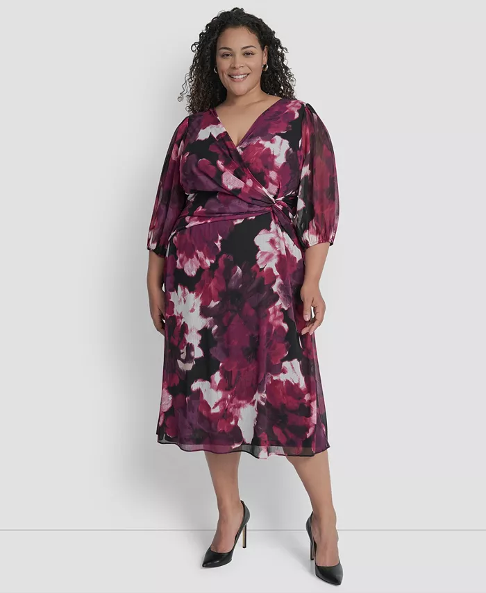 

Платье миди размера плюс с рукавами-фонариками, вырезом-сюрпризом и узлом спереди DKNY