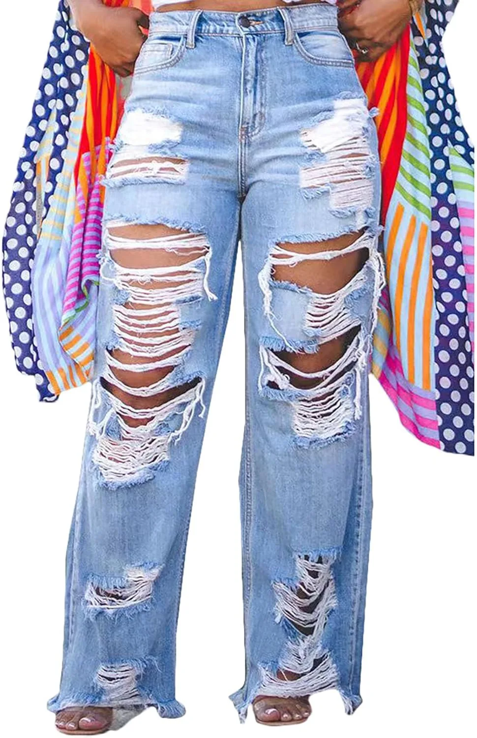 

Женские рваные джинсы Distressed Cutout High Waisted Baggy Straight Wide Leg JEKYUARA