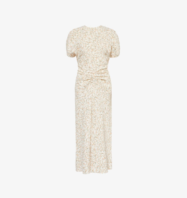 

Платье миди из тканой смеси с цветочным принтом и сборками Victoria Beckham, цвет floral ovation peach